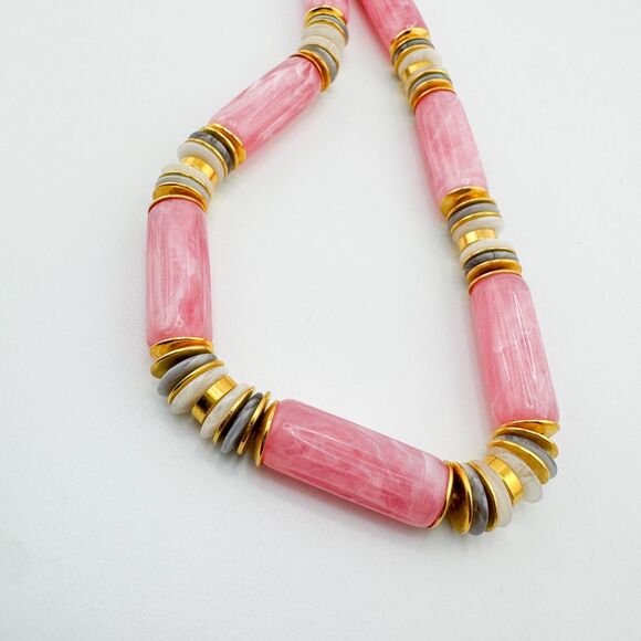 Vintage Lucite Gold Tone Pink Beaded Statement Necklace Geometric Bar Retro - Picture 10 of 13